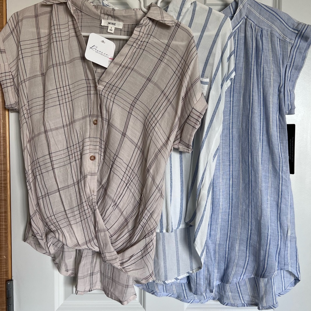 Mine & BeCool 3-Piece Button-Down Tops in Light Blue, Beige & Blue-White Stripes
